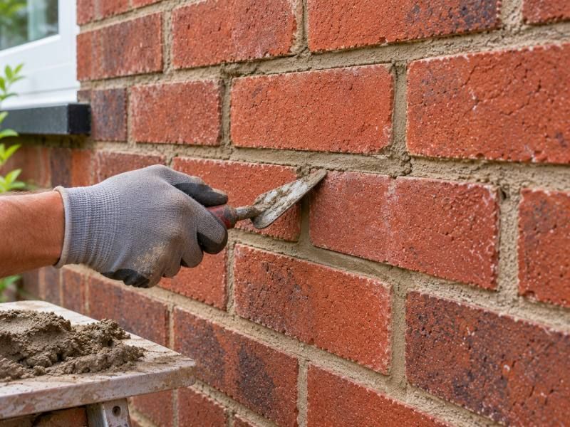 Replacement reclaimed brick bedded into an older wall and pointed to match
