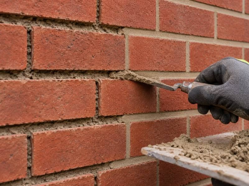 Fresh mortar being pressed into raked brick joints