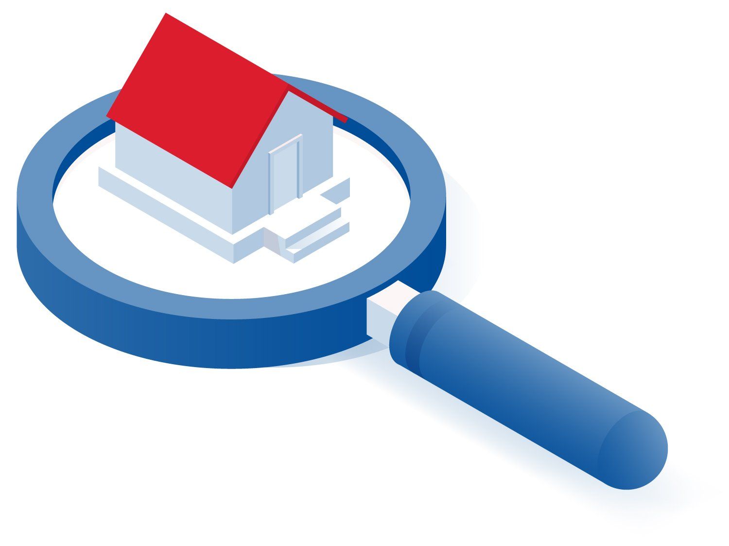 Magnifying glass highlighting a small red house icon on a blue lens and handle
