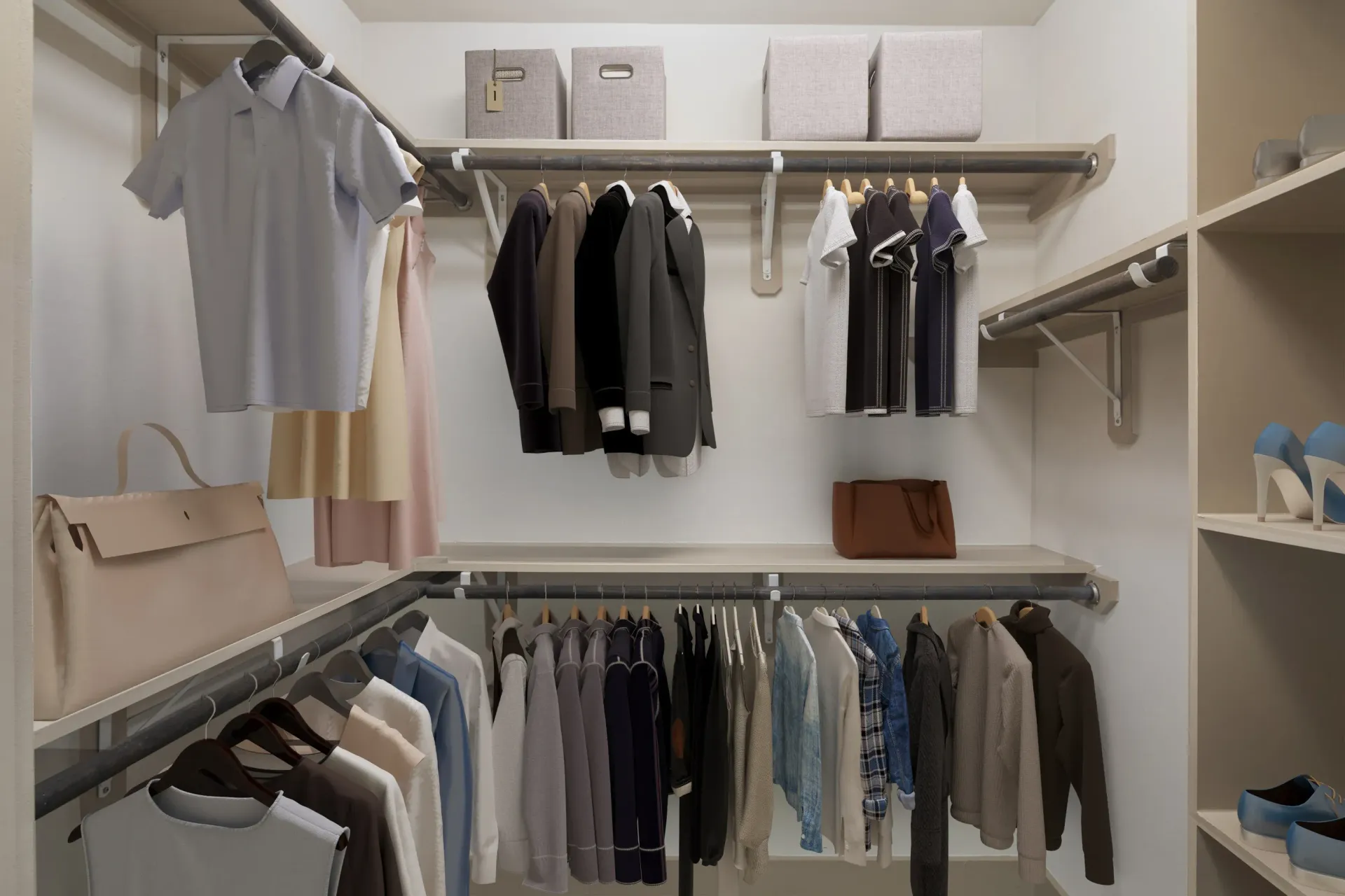 A well-organized closet with various clothing items and storage boxes at Marquis Enclave, offers apartments near downtown Houston, TX.