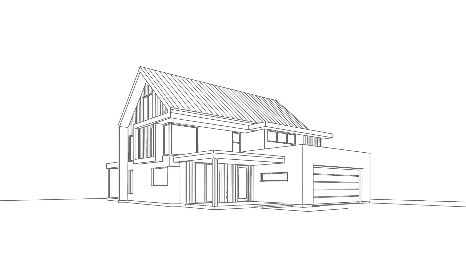Strichzeichnung eines modernen Hauses mit Schrägdach und angebauter Garage