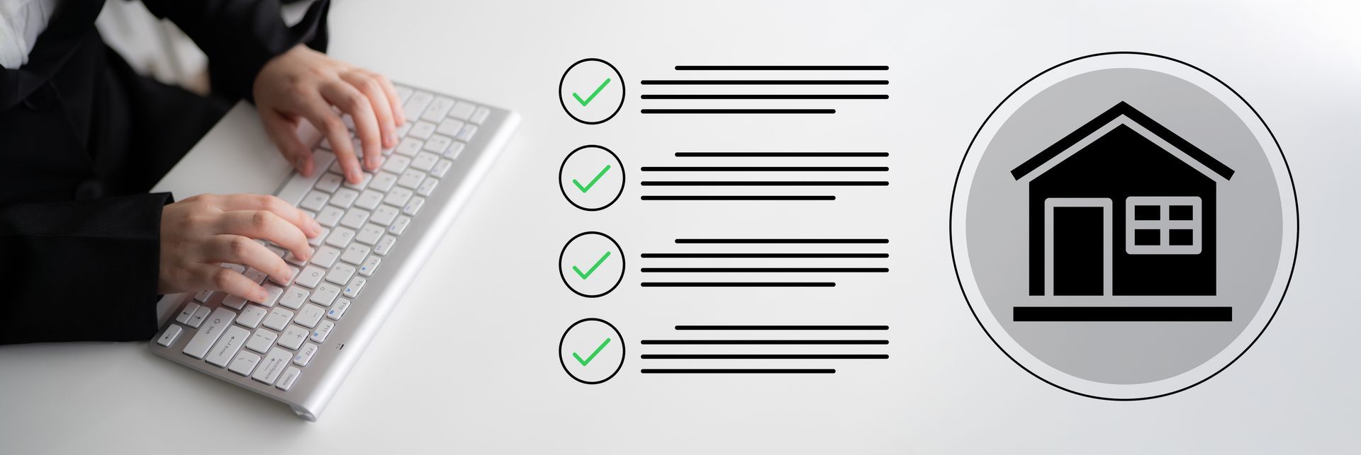 Hände, die auf einer Tastatur tippen, neben Checklisten-Symbolen und einem Haus-Symbol in einem Banner zum Thema Technik.