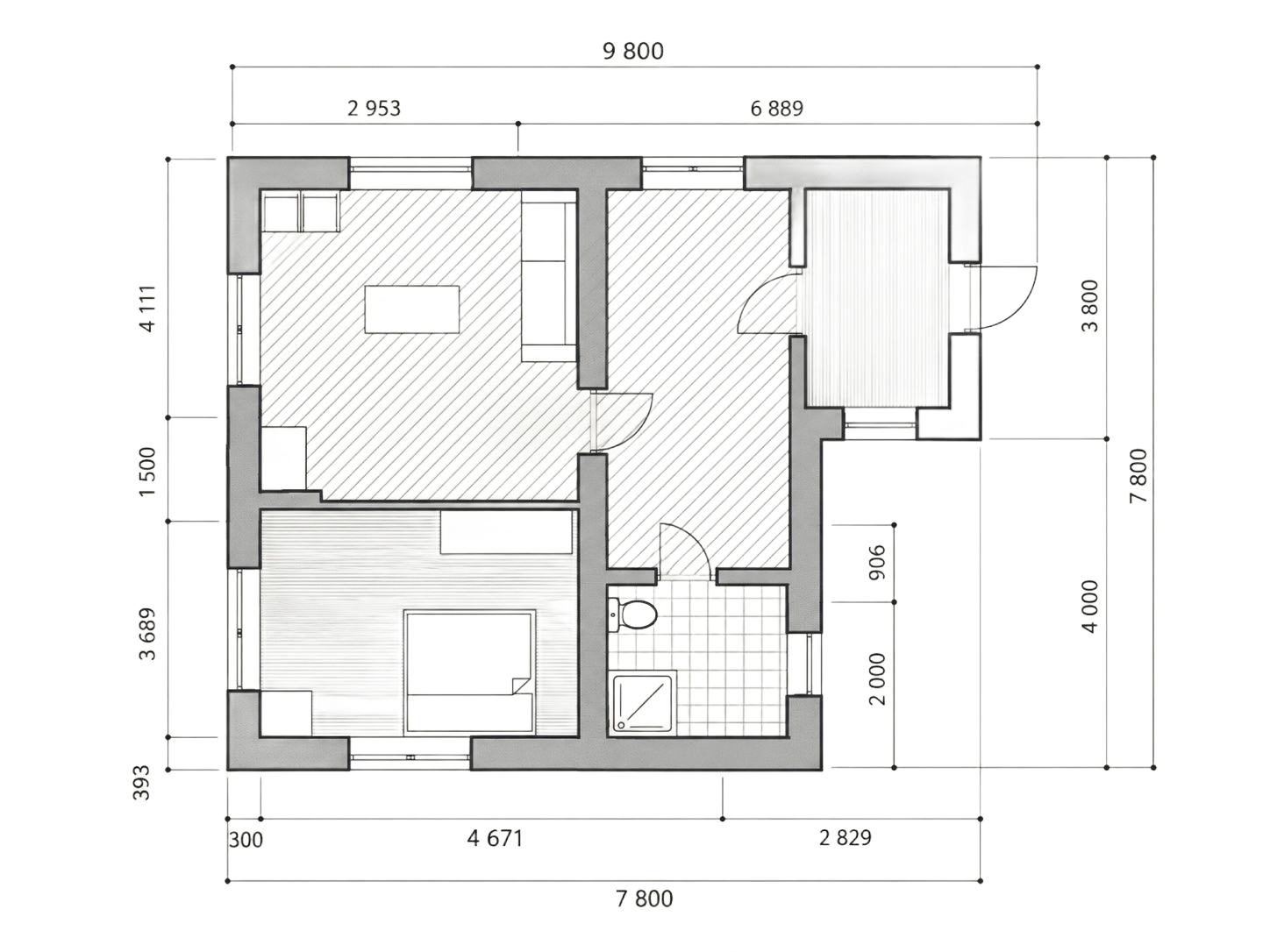Architektonische Grundriss- und Hausansichtszeichnungen, mit Bleistift auf einem offenen Notizbuch.