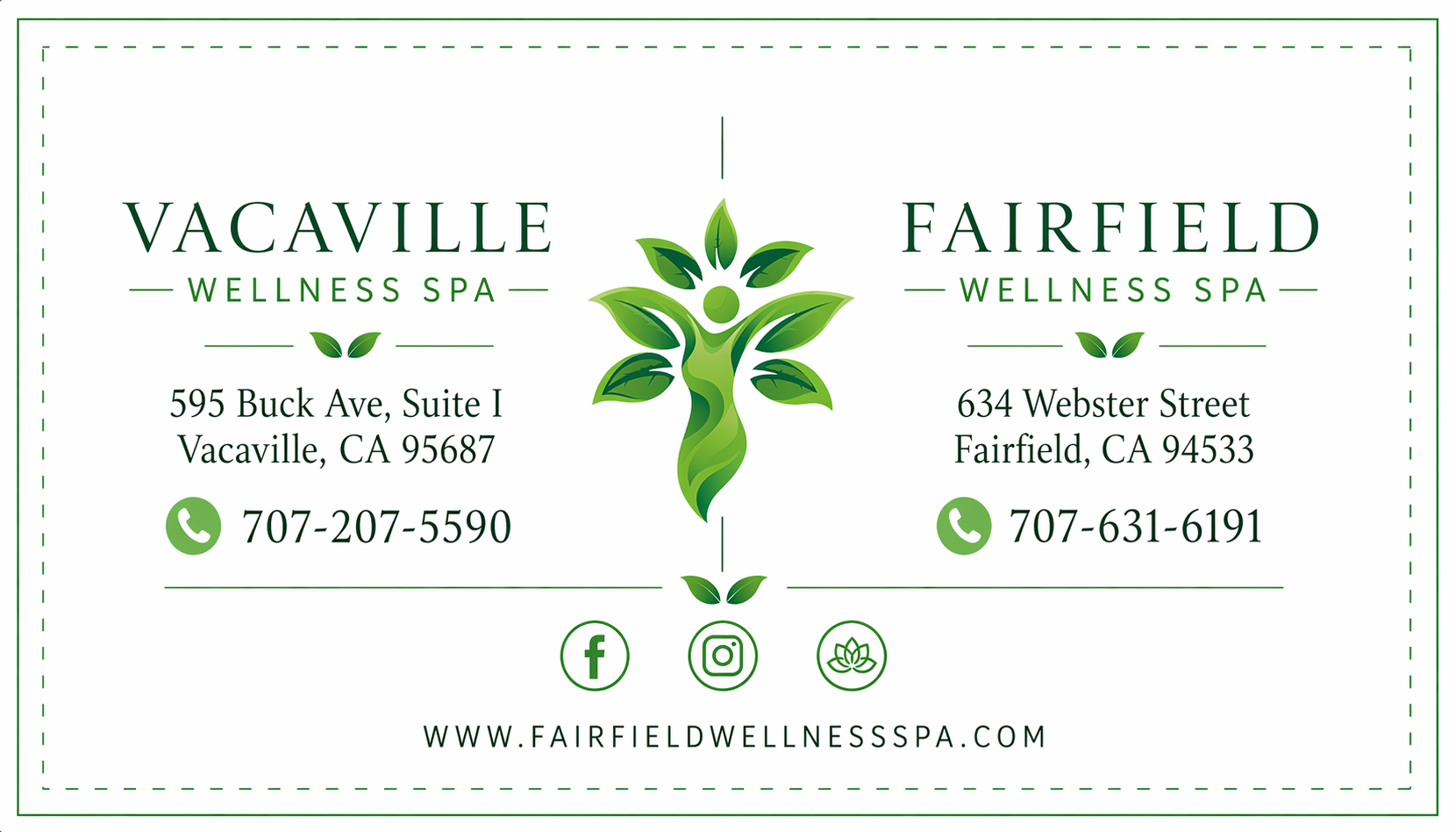 Vacaville and Fairfield wellness spa business card with green leaf logo and contact information