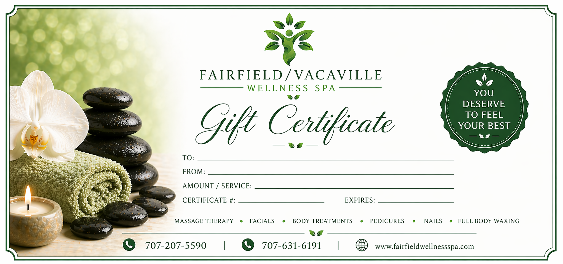 Spa gift certificate with candles, stacked stones, flowers, and a green logo on a white background