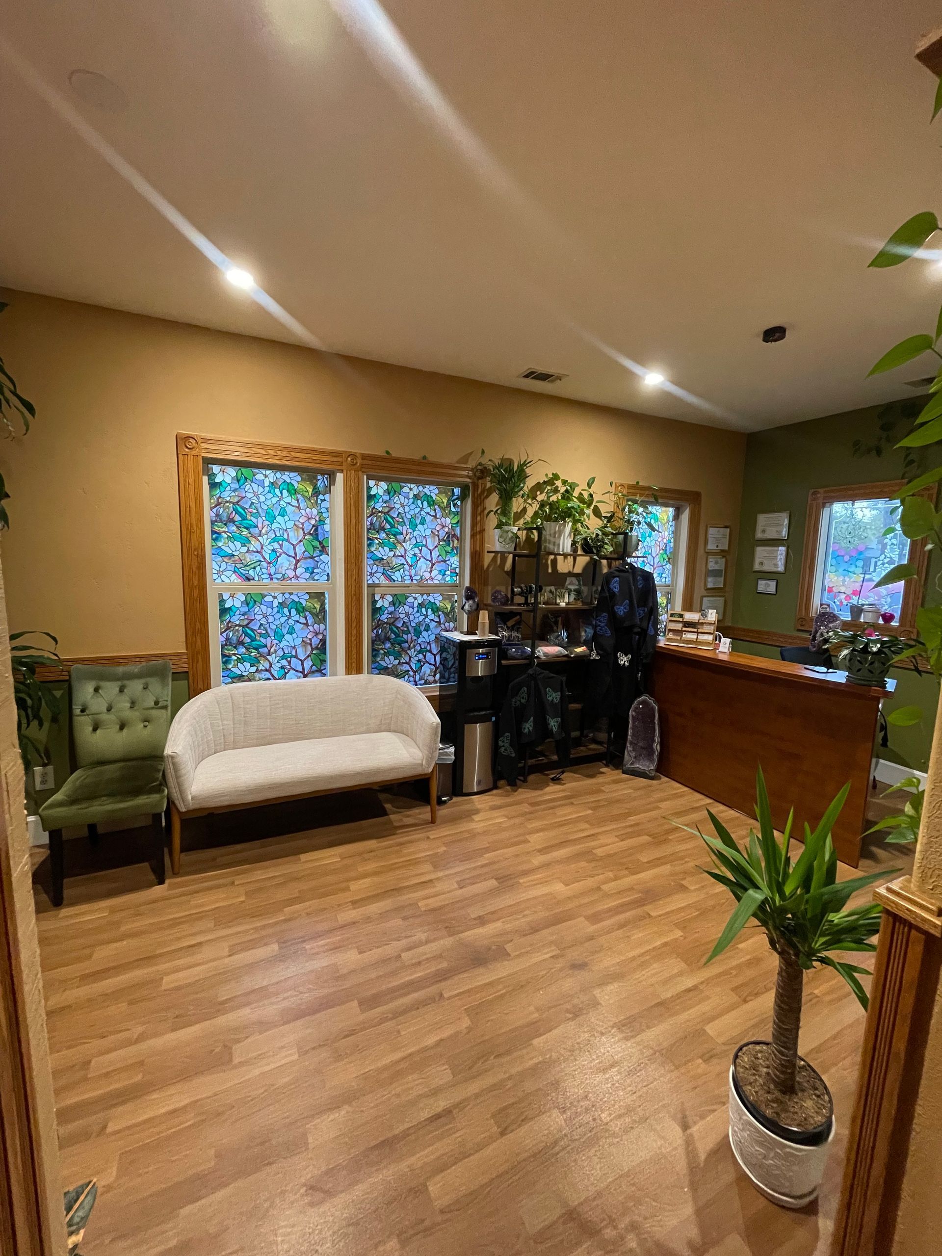Cozy waiting room with wood floor, white bench, green chair, desk, plants, and warm recessed lighting