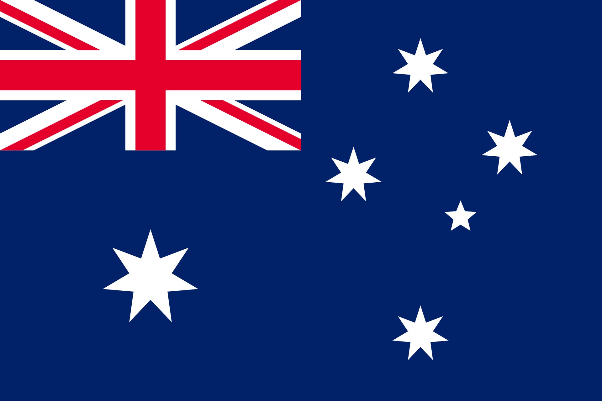 Australian flag with blue field, Union Jack in the top left, and white stars
