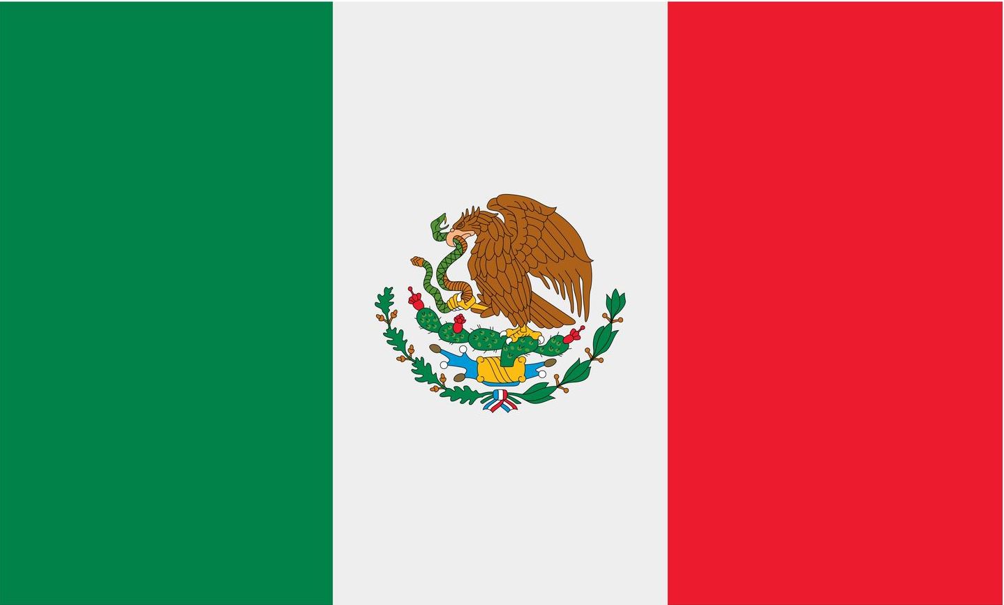 Flag of Mexico with vertical green, white, and red stripes and the national emblem centered.