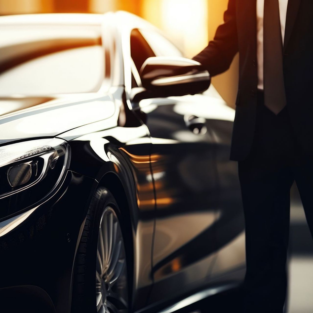 Person opening a black luxury car door in warm sunlight