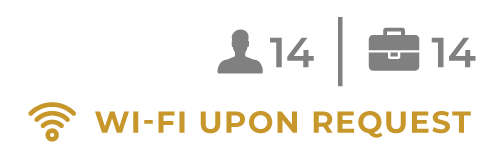 Wi‑Fi upon request with icons showing 14 guests and 14 luggage options