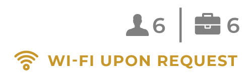 Wi‑Fi upon request icon with 6 guests and 6 suitcases
