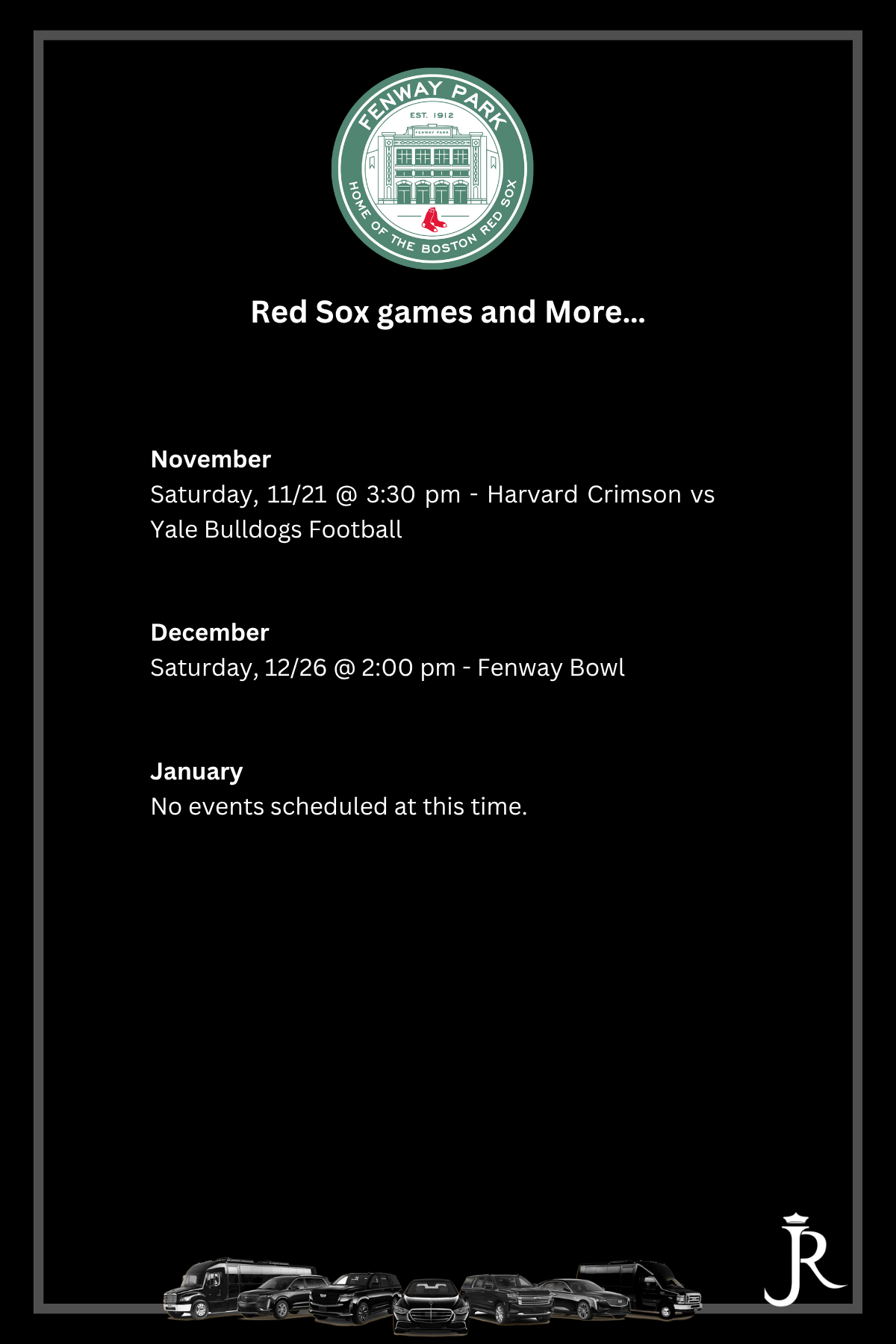 Red Sox games and more schedule poster on black background with green logo and white text