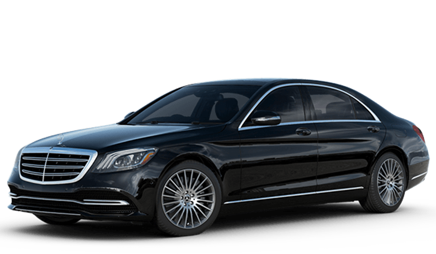 Black luxury sedan with chrome grille, side view on a white background