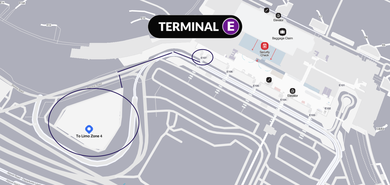 Map view labeled “Terminal E” showing airport roads, parking, and surrounding buildings