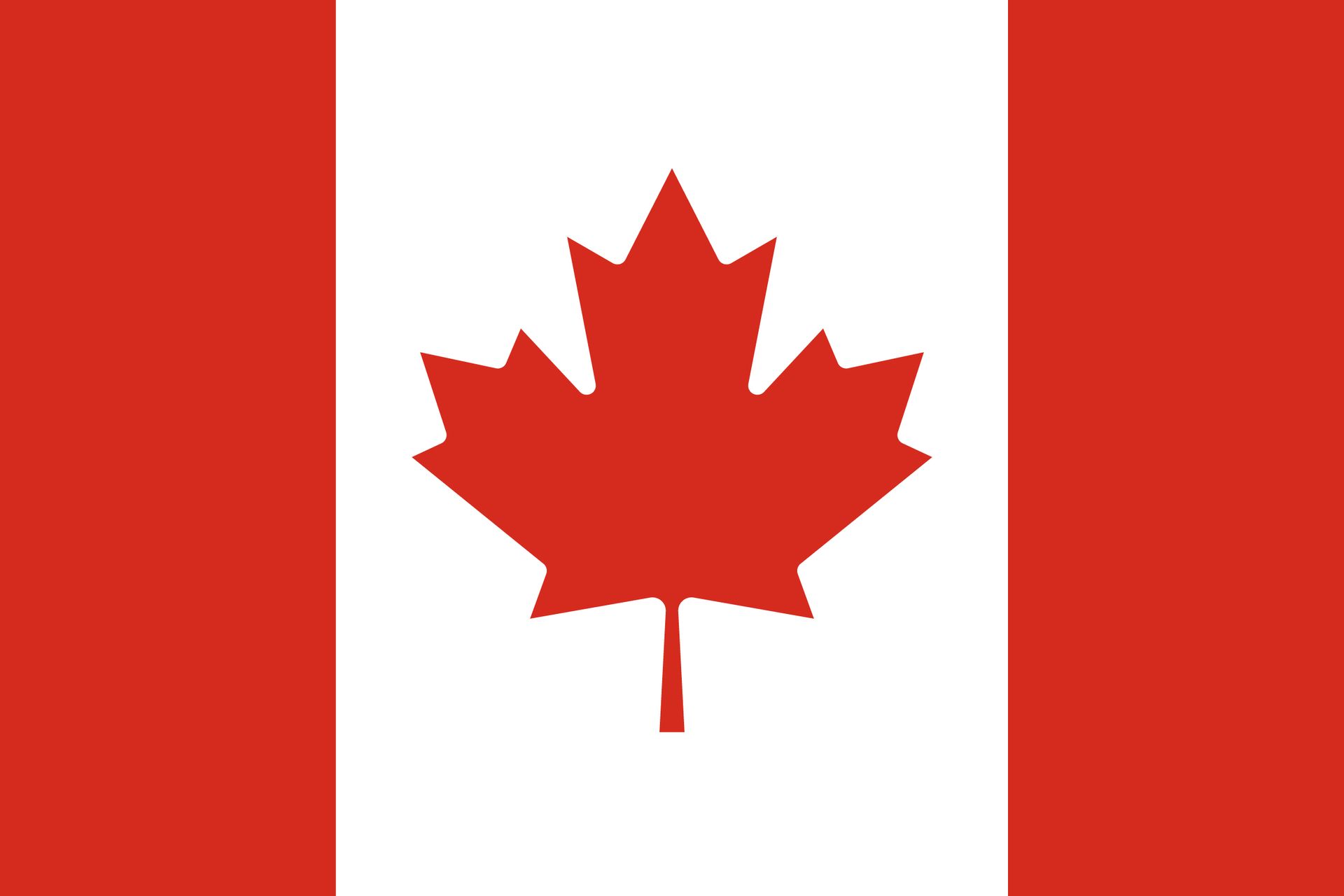Canadian flag with a red maple leaf centered on a white field, flanked by red vertical bands
