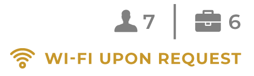 Wi‑Fi upon request icon with 7 people and 6 luggage symbols