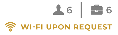 Wi‑Fi upon request sign with icons for 6 people and 6 suitcases