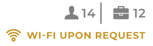 Wi‑Fi upon request sign with 14 people and 12 briefcases icons above.