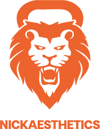 A logo for a company called nickaesthetics with a lion and a kettlebell.