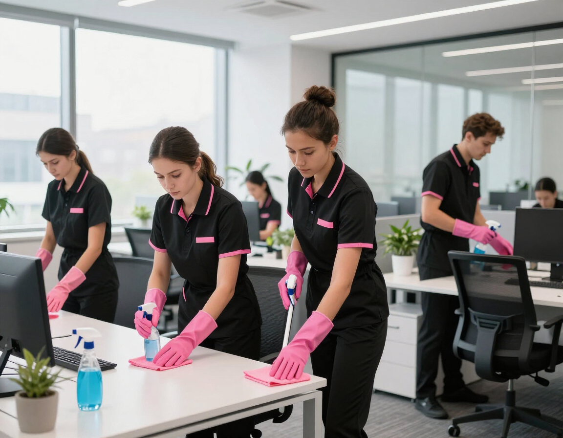 Equipe de limpeza profissional em ambiente corporativo