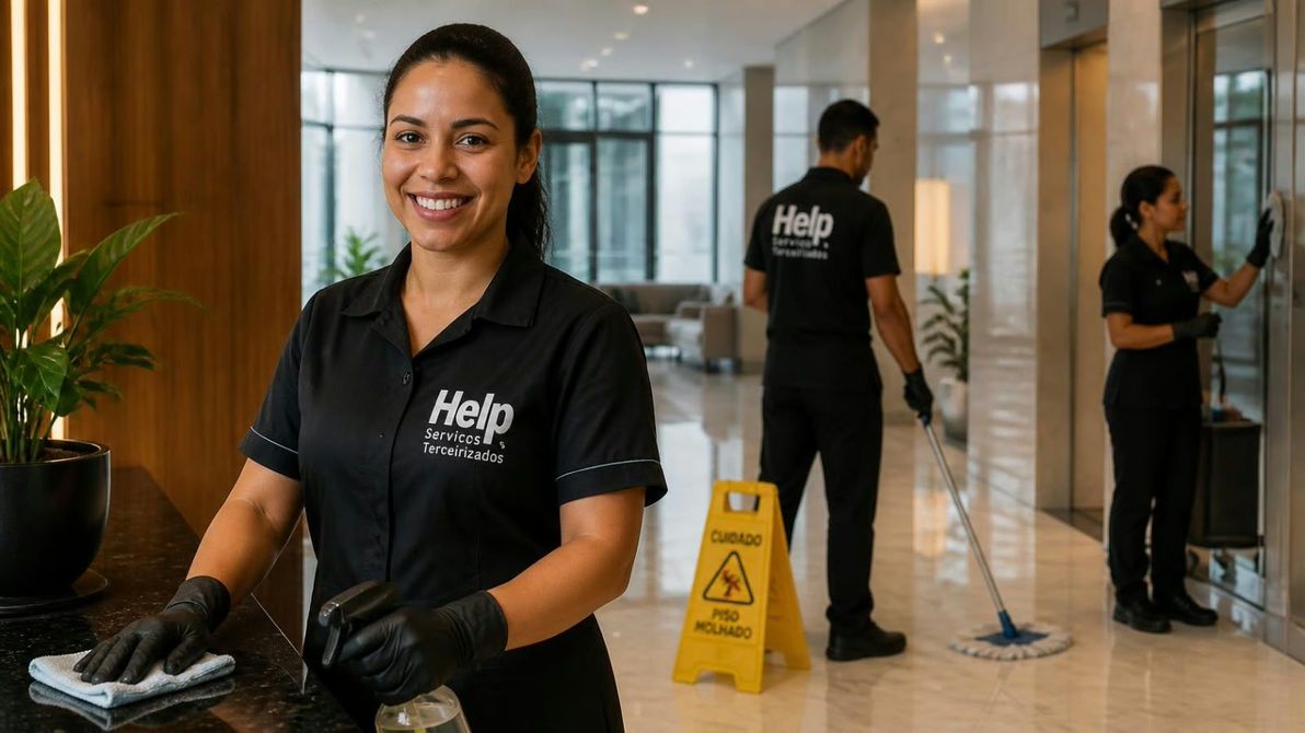 Equipe de limpeza higienizando escritório corporativo