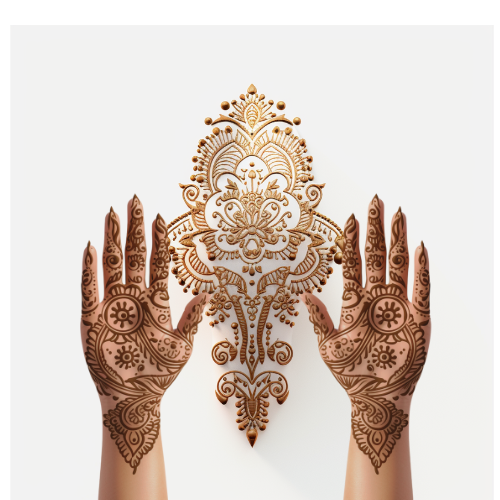 A woman 's hands with a henna design on them.