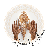 Een logo voor henna van amina met twee handen met henna erop.