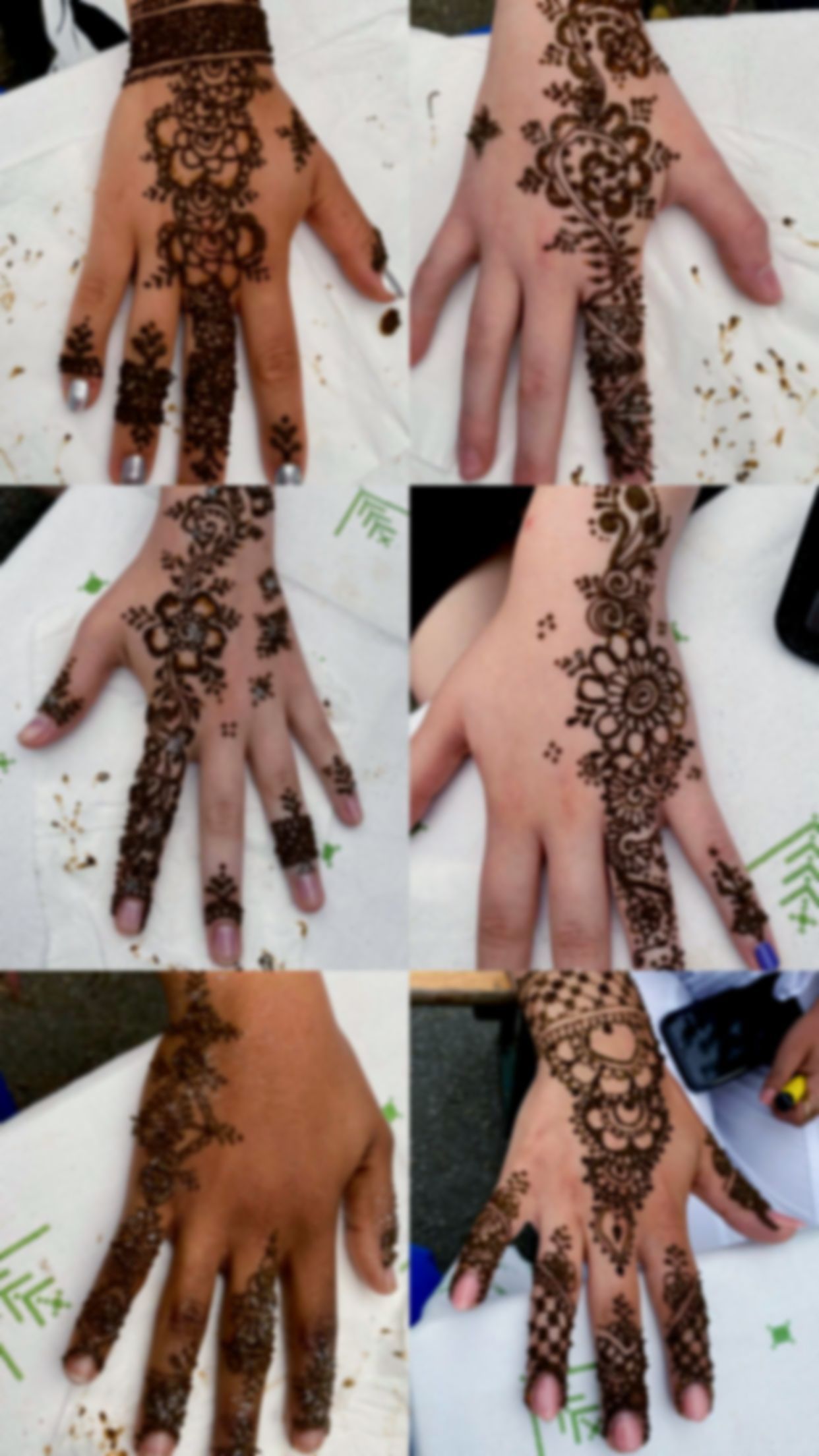 Een collage van foto's van de handen van individuen met henna erop