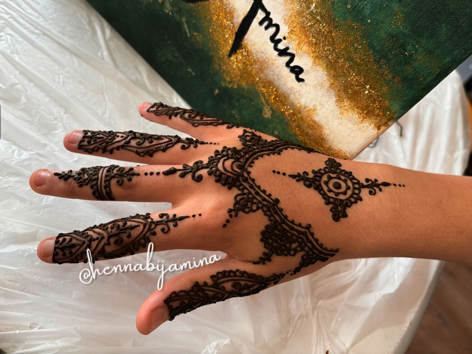 Hand met ingewikkeld henna-ontwerp, met bloemen- en geometrische patronen in donkerbruine inkt.