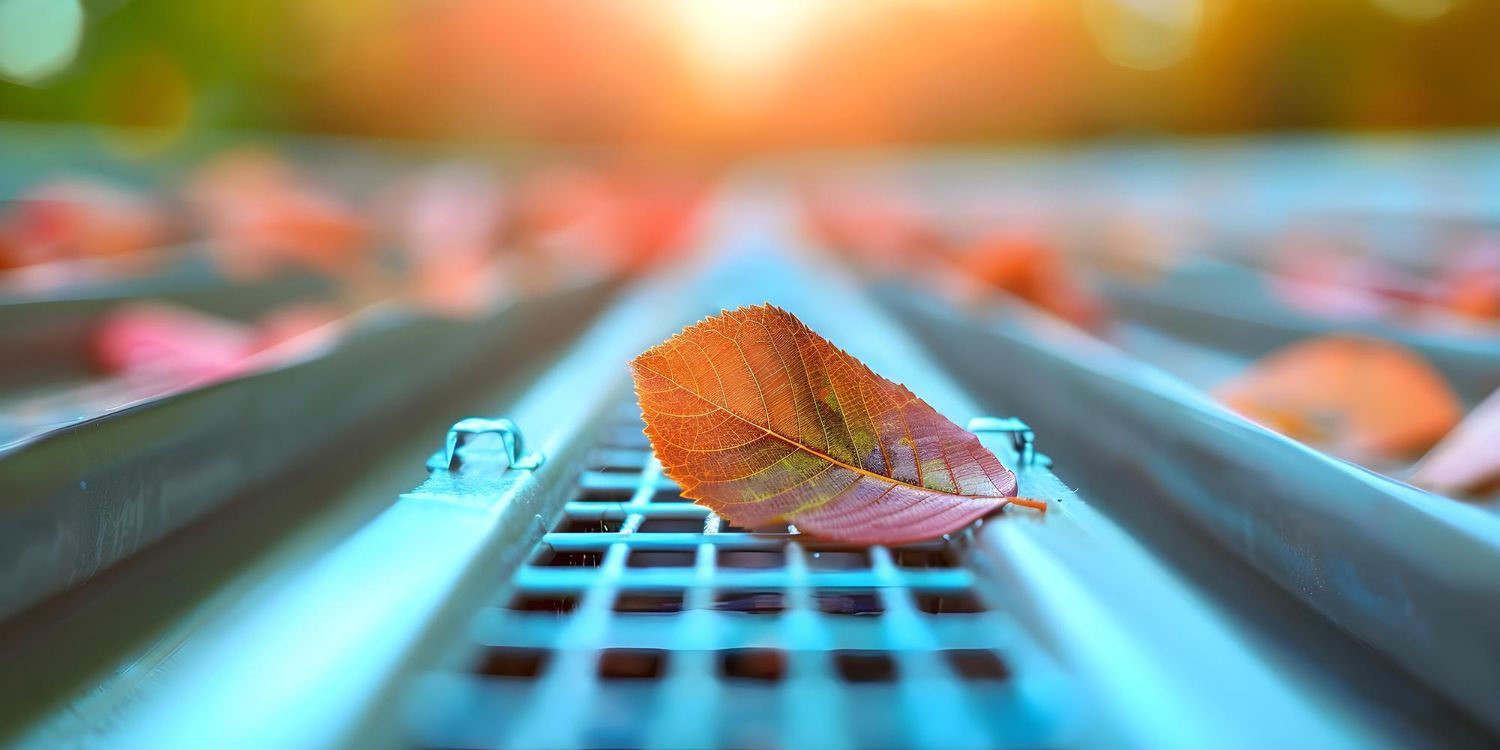 Orange leaf on a blue metal grate with blurred leaves in the background