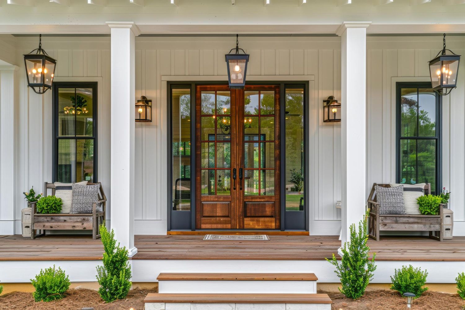 Front porch with double wooden doors, hanging lanterns, white columns, and two chairs on either side.