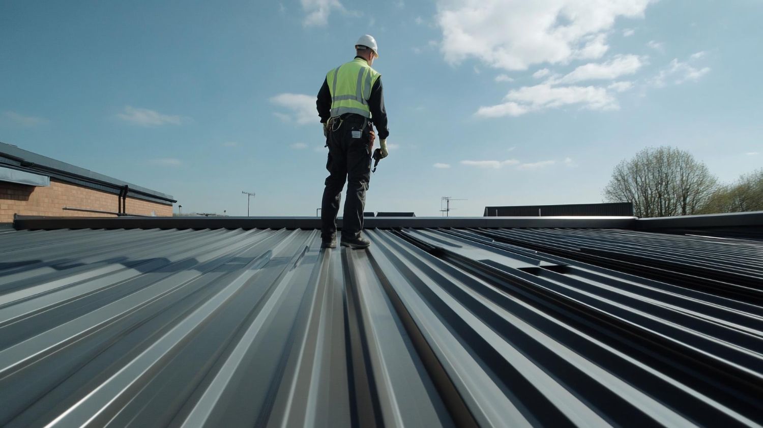 Worker in safety vest standing on a corrugated metal roof under a blue sky