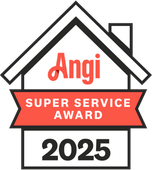 Angi Super Service Award 2025 badge with house outline, red ribbon, and black “2025” text