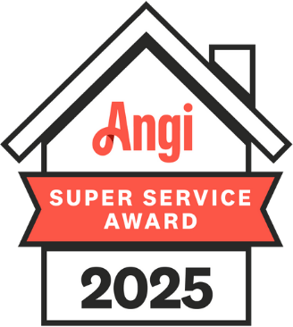 Angi Super Service Award 2025 badge with house outline and red ribbon