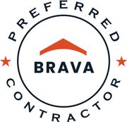 Preferred Contractor BRAVA logo with orange roof icon inside a dark circle and stars on the sides