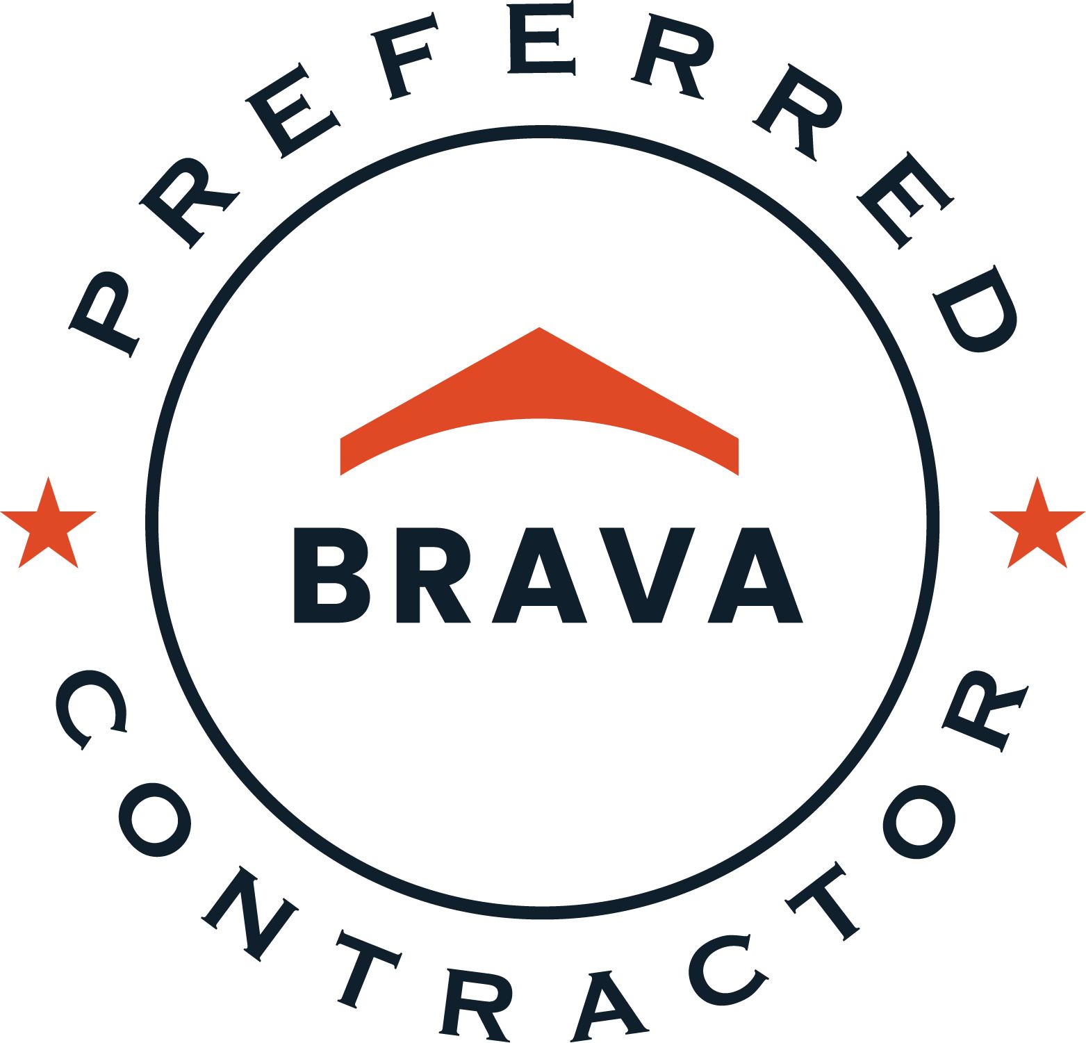 Preferred Contractor BRAVA logo in a black circle with orange roof mark and stars