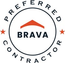 BRAVA Preferred Contractor logo with navy text, orange roof icon, and red stars in a circular seal