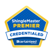 Blue and gold ShingleMaster Premier Credited CertainTeed certification badge