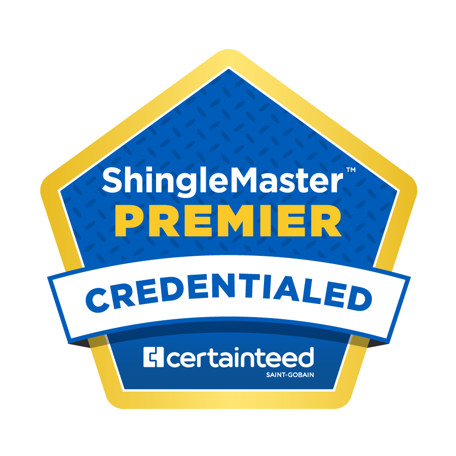 CertainTeed ShingleMaster Premier Credentialed badge in blue, gold, and white