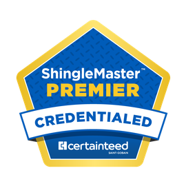 Blue and gold ShingleMaster Premier Credentialed CertainTeed badge logo