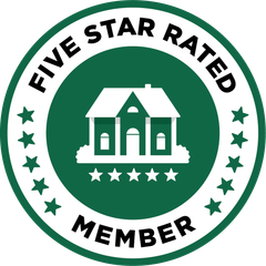 Five star rated member badge with green circle, white house icon, and surrounding stars