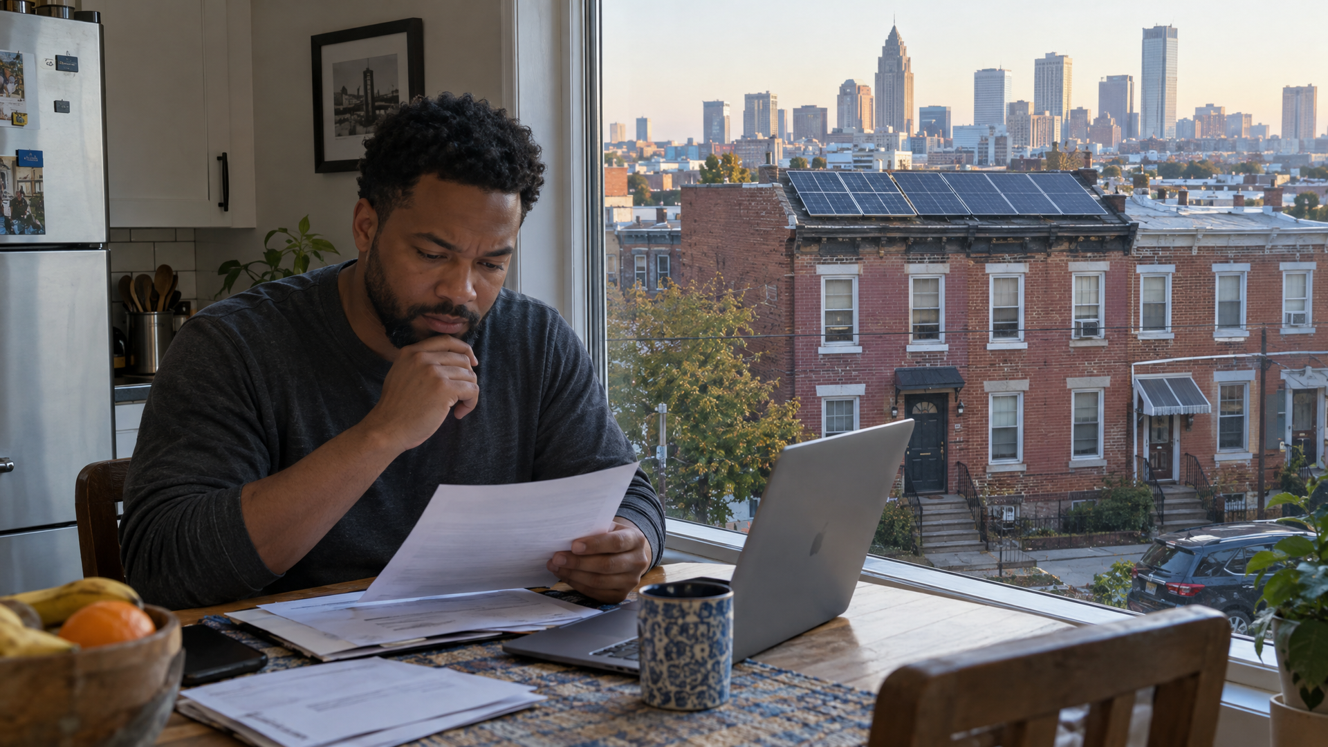 New Jersey homeowner reviewing solar contract paperwork with rooftop panels and the Newark skyline