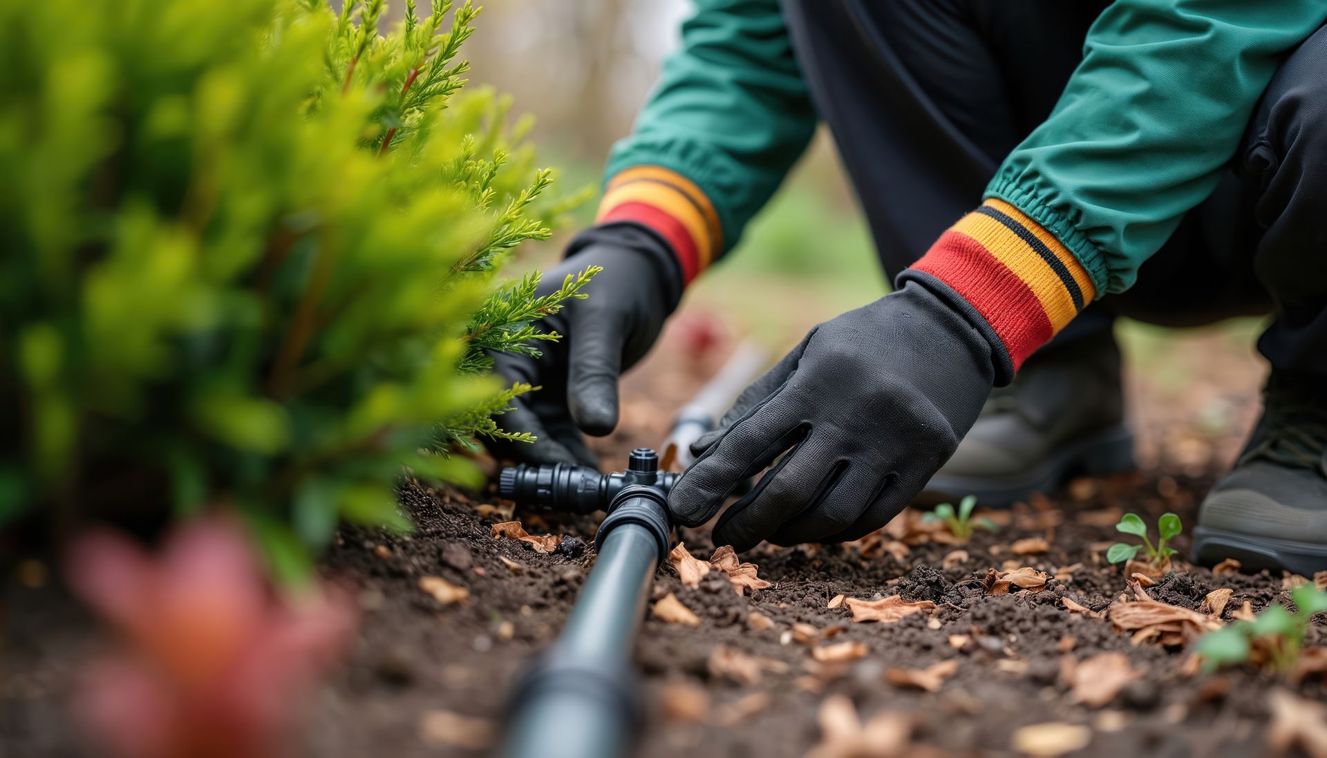 Gloved hands adjust a black drip irrigation tube beside a green shrub in a garden bed