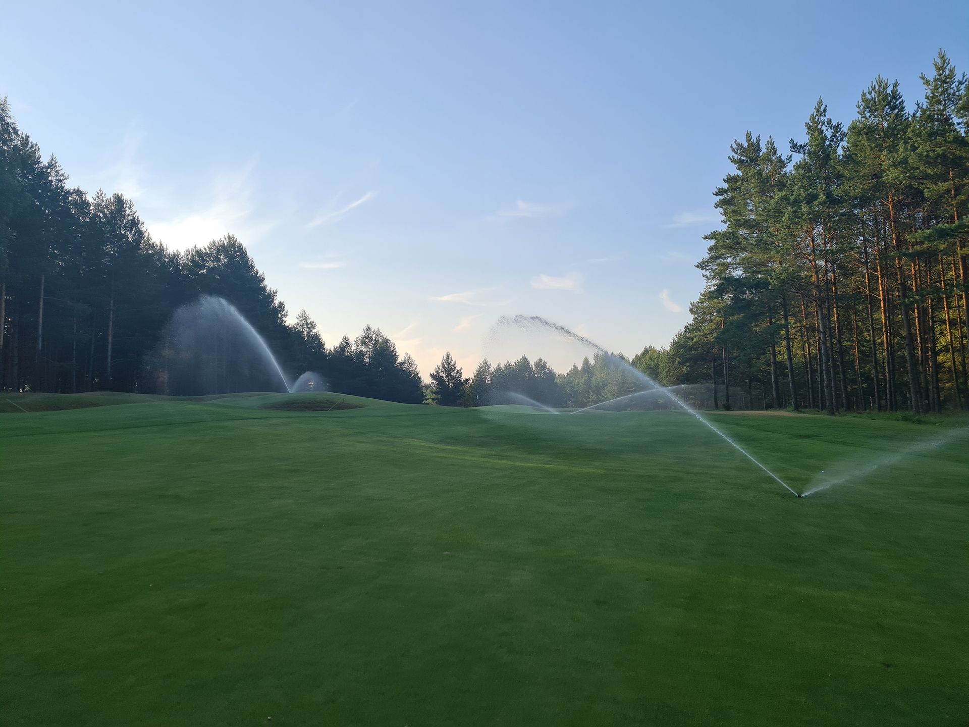 Sprinklers spray water on a golf course with trees in the background