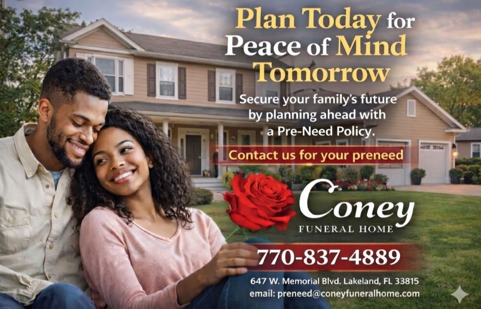 Couple in front of house with funeral service ad for Coney Funeral Home and pre-need planning