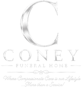 Red rose icon next to the word “Coney” in black script on a white background