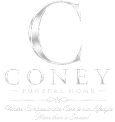 Red rose icon next to the word “Coney” in black script on a white background