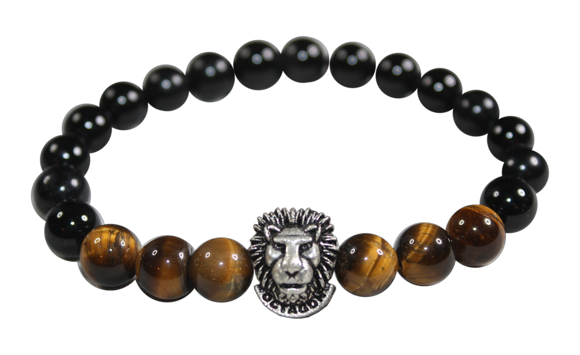 A bracelet with tiger 's eye beads and black beads with a lion head.