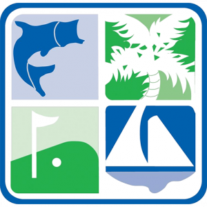 A logo with a dolphin a palm tree a golf course and a sailboat