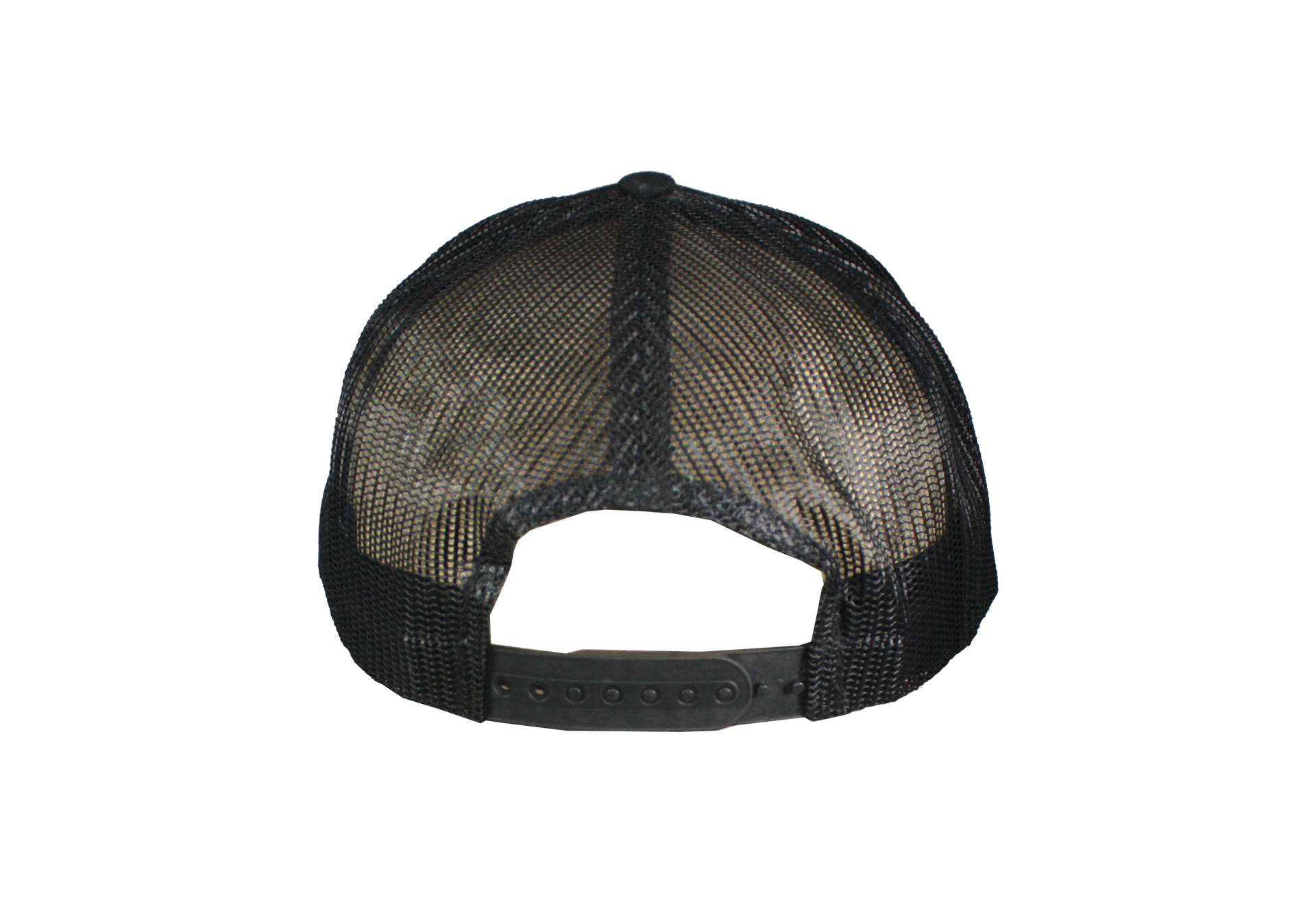 The back of a black trucker hat is shown on a white background.